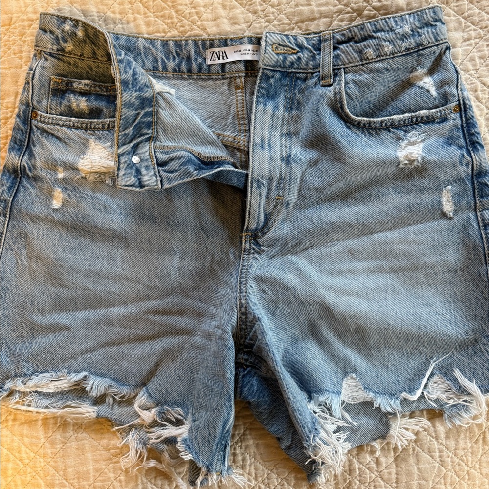 Zara Light Blue Distressed Denim Shorts